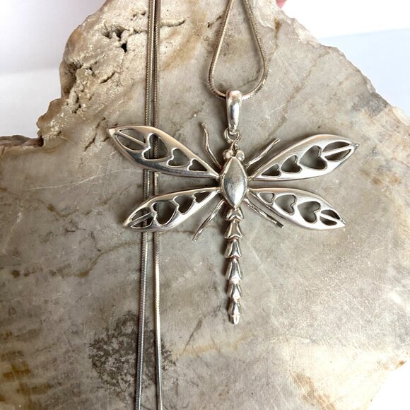 Sterling Silver 925 Mexico Large 2" Dragonfly Pendent Necklace 20" Snake Chain - Picture 8 of 16